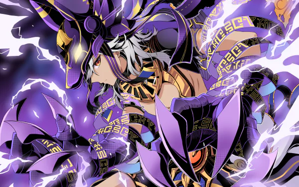 HD PC desktop wallpaper featuring Cyno from Genshin Impact, showcasing vibrant purple and gold hues with dynamic energy effects from the video game.