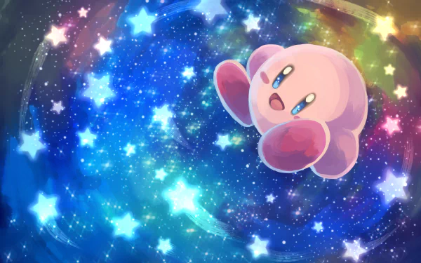 HD PC desktop wallpaper featuring Kirby from the video game series floating joyfully in a vibrant, star-filled cosmic background.