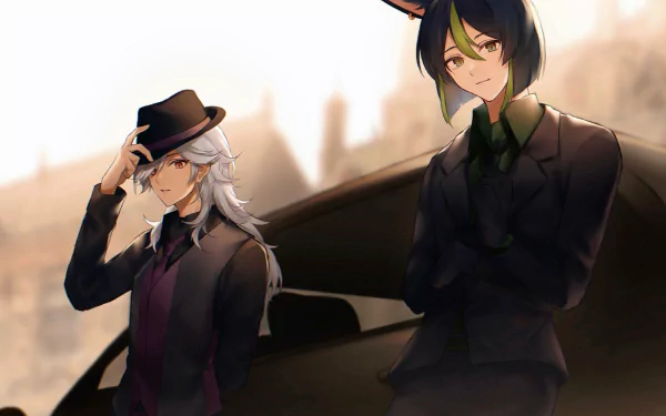 HD PC desktop wallpaper of Cyno and Tighnari from the video game Genshin Impact, wearing suits and posing beside a car against a warm, blurred city backdrop.
