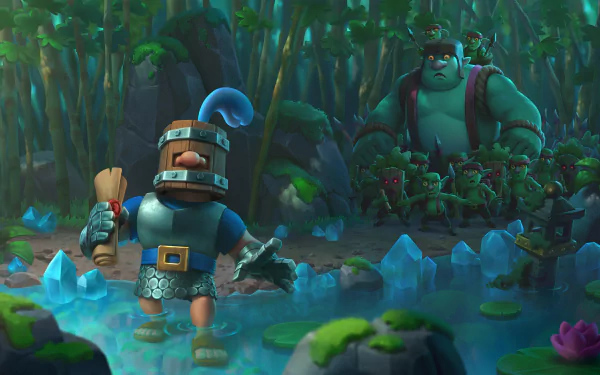 Video game Clash Royale 4K Ultra HD PC desktop wallpaper and background: two characters wade through a glowing forest pond — a small armored fighter with a barrel helm and a large green ogre.