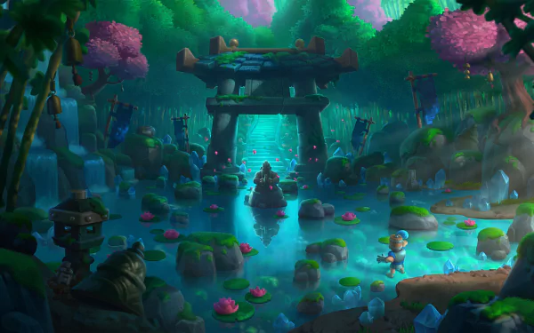Clash Royale 2K Quad HD PC desktop wallpaper: moonlit forest pond with a mossy stone torii, glowing steps, lily pads and tiny warriors crossing mossy stepping stones.