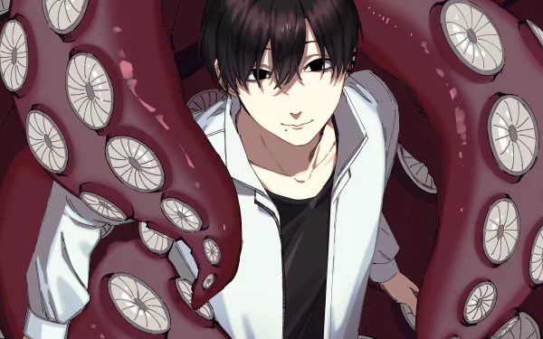 Hirofumi Yoshida anime-style Chainsaw Man 2K Quad HD PC desktop wallpaper — dark-haired character in a white jacket surrounded by red tentacles with circular suction cups.
