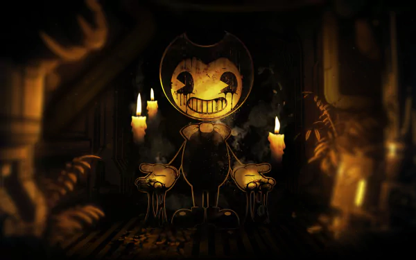 Bendy and the Dark Revival video game 2K Quad HD PC wallpaper: grinning ink-oozing cartoon figure in a dark, candlelit, dripping studio.