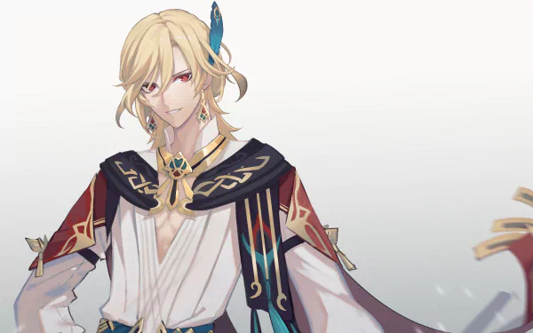 Kaveh from Genshin Impact in ornate scholar robes and a feathered hairpiece against a soft gradient — 4K Ultra HD PC desktop wallpaper.