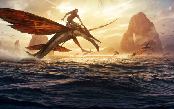 An 8K Ultra HD PC desktop wallpaper depicting a scene from the movie Avatar: The Way of Water with characters riding flying creatures over the ocean at sunset.
