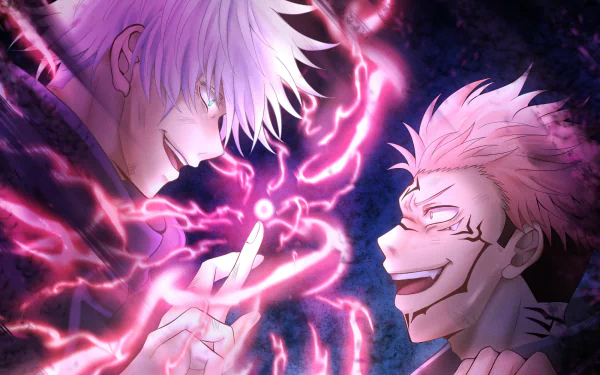 HD anime desktop wallpaper featuring Sukuna and Satoru Gojo from Jujutsu Kaisen with dynamic pink energy effects and intense expressions.