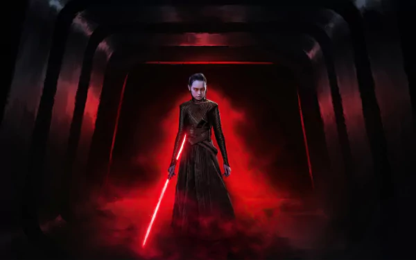 Rey turned Sith, wielding a red lightsaber in a dark corridor of red mist — Star Wars sci-fi 4K Ultra HD PC desktop wallpaper.