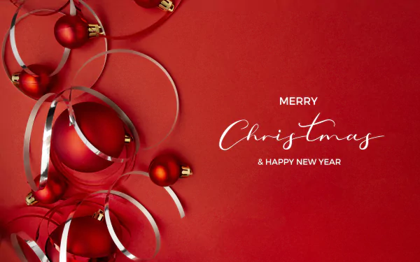 Merry Christmas and Happy New Year message with red Christmas baubles and silver ribbons on a red background, 4K Ultra HD PC desktop wallpaper.