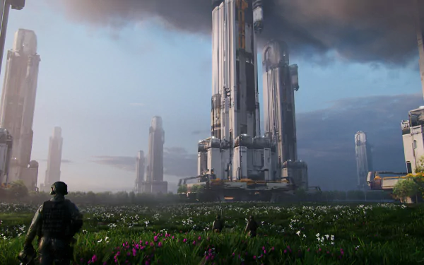 Sci-fi cityscape with towering futuristic buildings rising above a flowered meadow, lone soldier-like figure in foreground under a stormy sky — 4K Ultra HD PC desktop wallpaper/background.