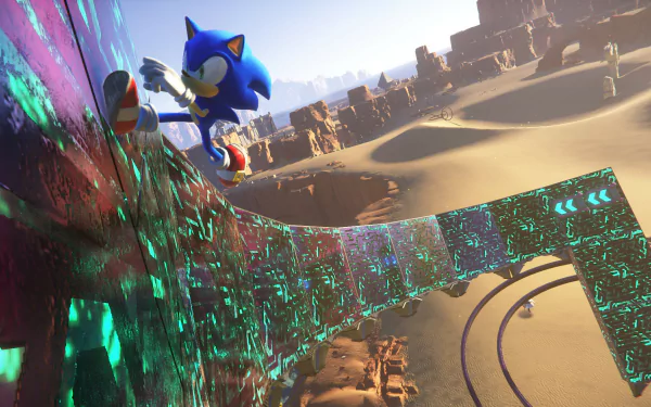 HD PC desktop wallpaper featuring Sonic the Hedgehog from the video game Sonic Frontiers running on a glowing, curved structure in a vast desert landscape.