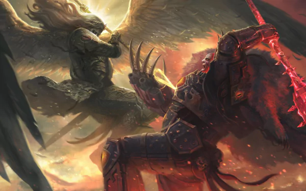 Epic battle scene from Warhammer 40k, featuring armored warriors clashing amid fiery and celestial backdrops in stunning 4K Ultra HD detail for PC desktops.