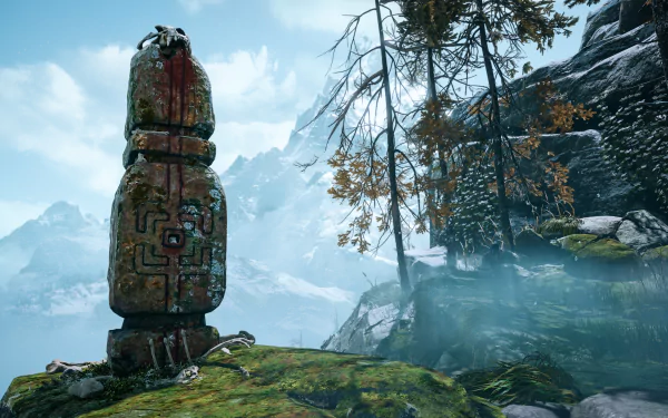 Video game — God of War (2018) 4K Ultra HD PC desktop wallpaper and background: weathered Norse totem on a mossy cliff overlooking misty pines and snow-capped mountains.