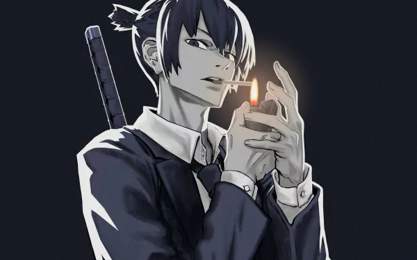 Aki Hayakawa from Chainsaw Man, monochrome portrait lighting a cigarette — 2K Quad HD anime PC desktop wallpaper/background.