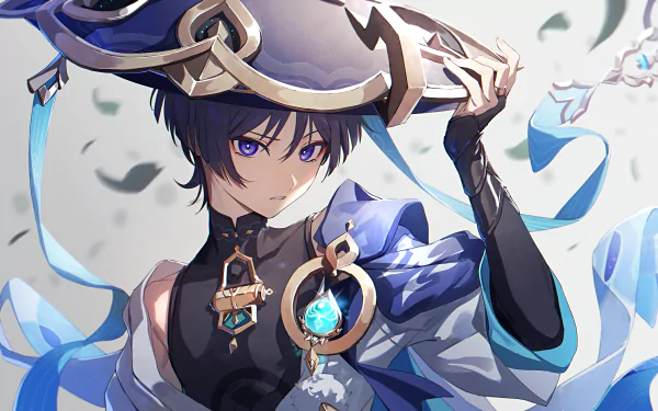 4K Ultra HD PC desktop wallpaper featuring Scaramouche from the video game Genshin Impact, showcasing detailed character art with vibrant colors and dynamic design.