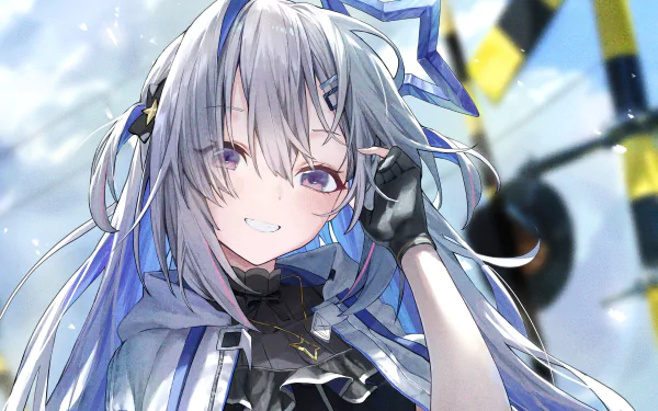 HD anime desktop wallpaper of hololive Virtual YouTuber Amane Kanata — silver-haired girl in a blue-white outfit, gloved hand to her head, smiling against a soft sky and mechanical backdrop.