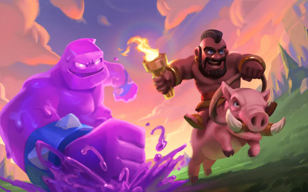 Clash Royale video game HD PC desktop wallpaper background: Hog Rider charging on a pig with a torch beside a purple Elixir Golem splashing elixir under a vibrant sunset.