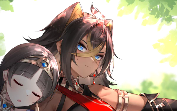 Dehya (Genshin Impact) smiles confidently with a small sleeping companion on her shoulder beneath dappled sunlight — video game art, 2K Quad HD PC desktop wallpaper/background.