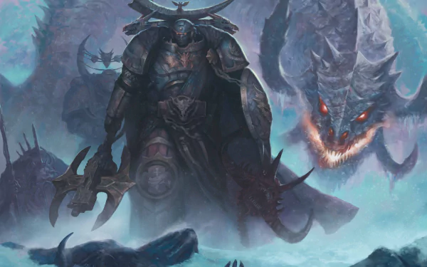 4K Ultra HD Warhammer 40k wallpaper featuring a menacing Space Marine wielding weapons, standing amid fog with monstrous creatures in a dark, atmospheric video game scene.
