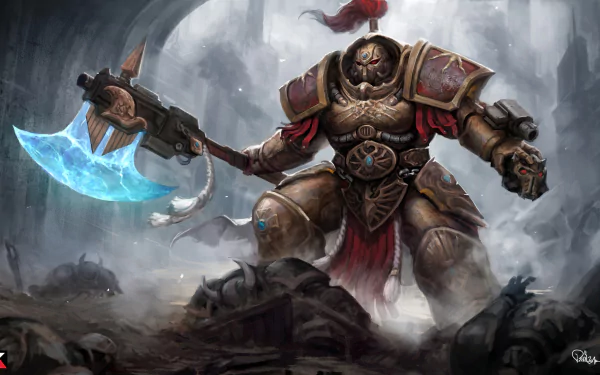 HD desktop wallpaper featuring a Warhammer 40k Space Marine wielding a glowing axe, set in a dark, battle-worn environment from the video game universe.