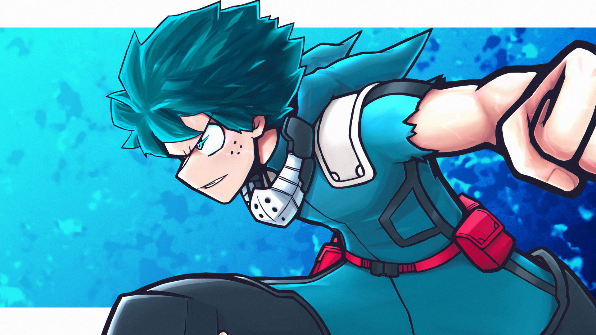 HD PC desktop wallpaper featuring Izuku Midoriya from the anime My Hero Academia in an action pose with a blue-toned background.