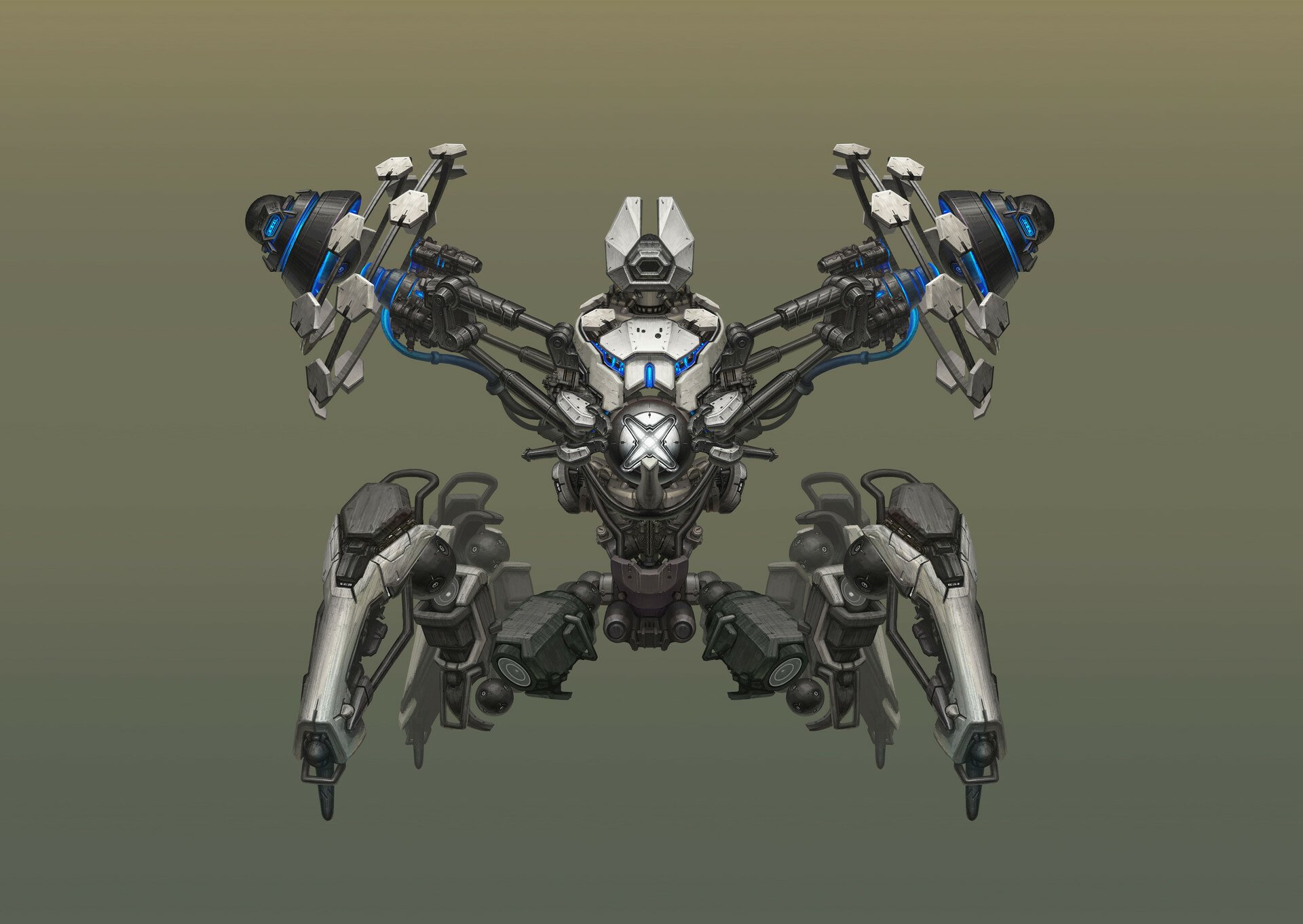 HD desktop wallpaper featuring a futuristic mech robot with multiple limbs and advanced weaponry, set against a muted gray background.