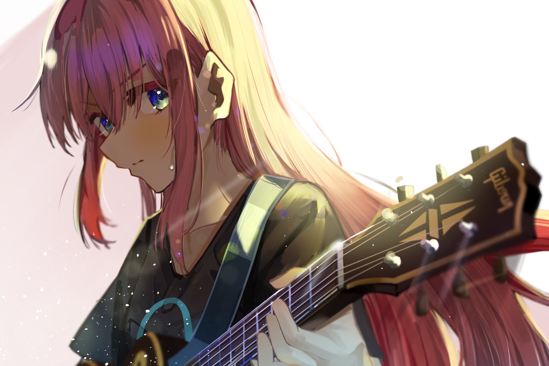 Hitori Gotou from Bocchi the Rock! — anime illustration of her with an electric guitar, soft lighting and pink hair, 2K Quad HD PC desktop wallpaper and background.