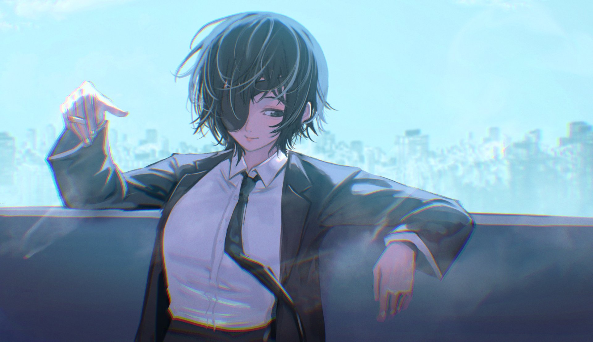 Himeno (Chainsaw Man) in anime style lounges against a railing with an eyepatch and loosened tie, city skyline behind — HD PC desktop wallpaper/background.