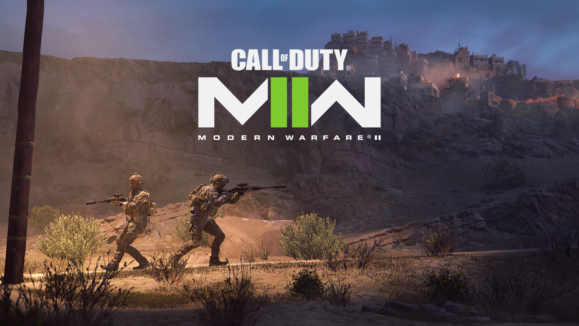 High-definition Call of Duty: Modern Warfare II wallpaper featuring two soldiers on a battlefield with game logo.