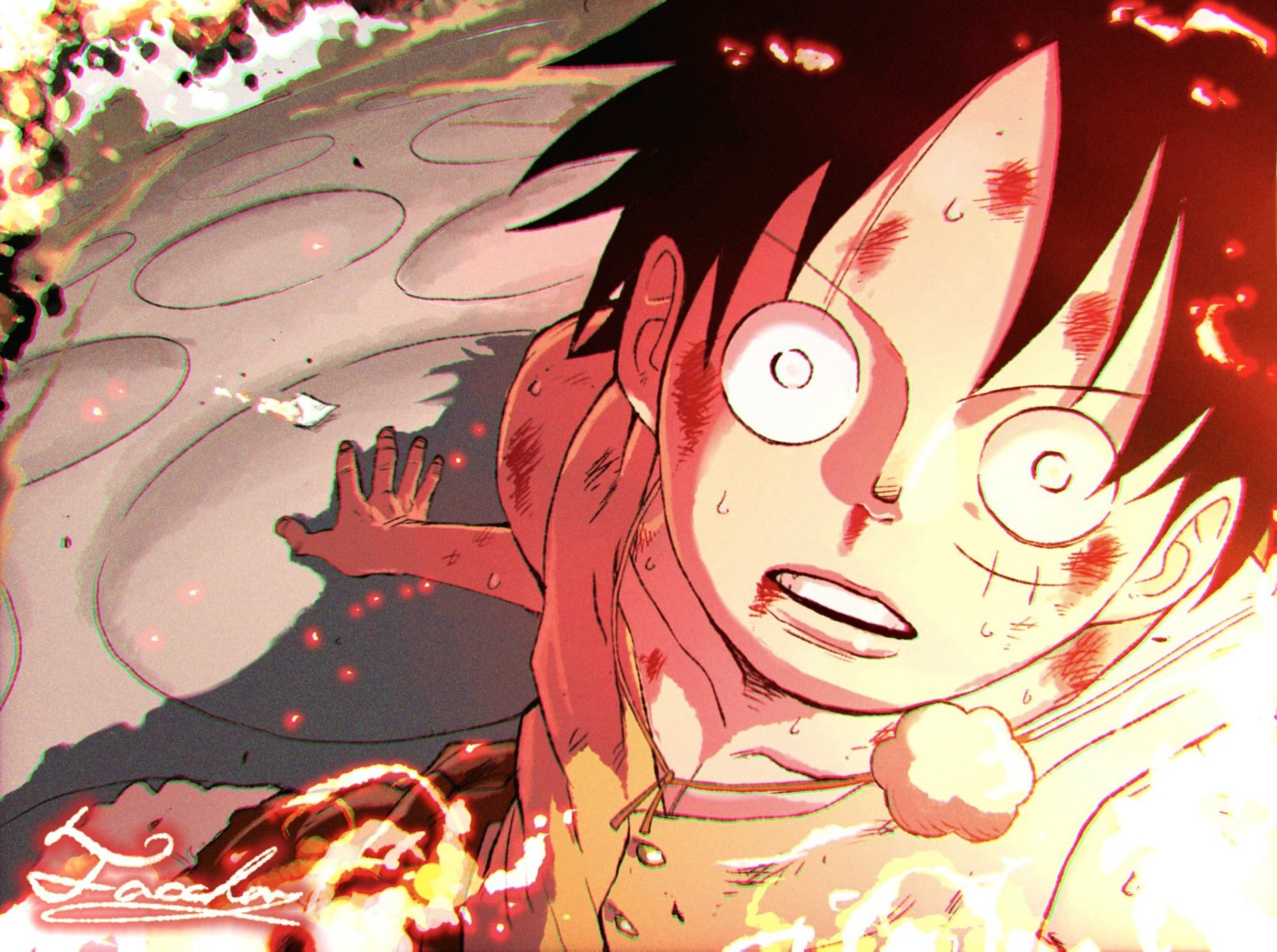 HD anime desktop wallpaper featuring Monkey D. Luffy from One Piece, showcasing his intense expression amid fiery and dynamic background elements.