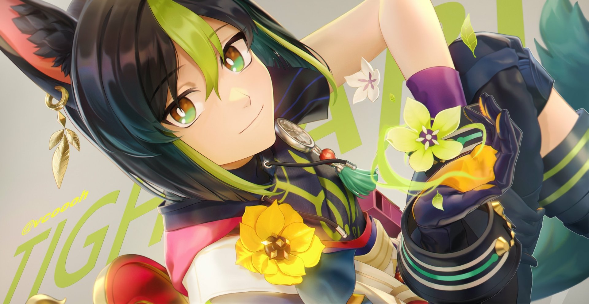 Tighnari (Genshin Impact) close-up portrait with green-gold floral motifs and warm tones — 2K Quad HD PC desktop wallpaper/background, Genshin Impact video game art.