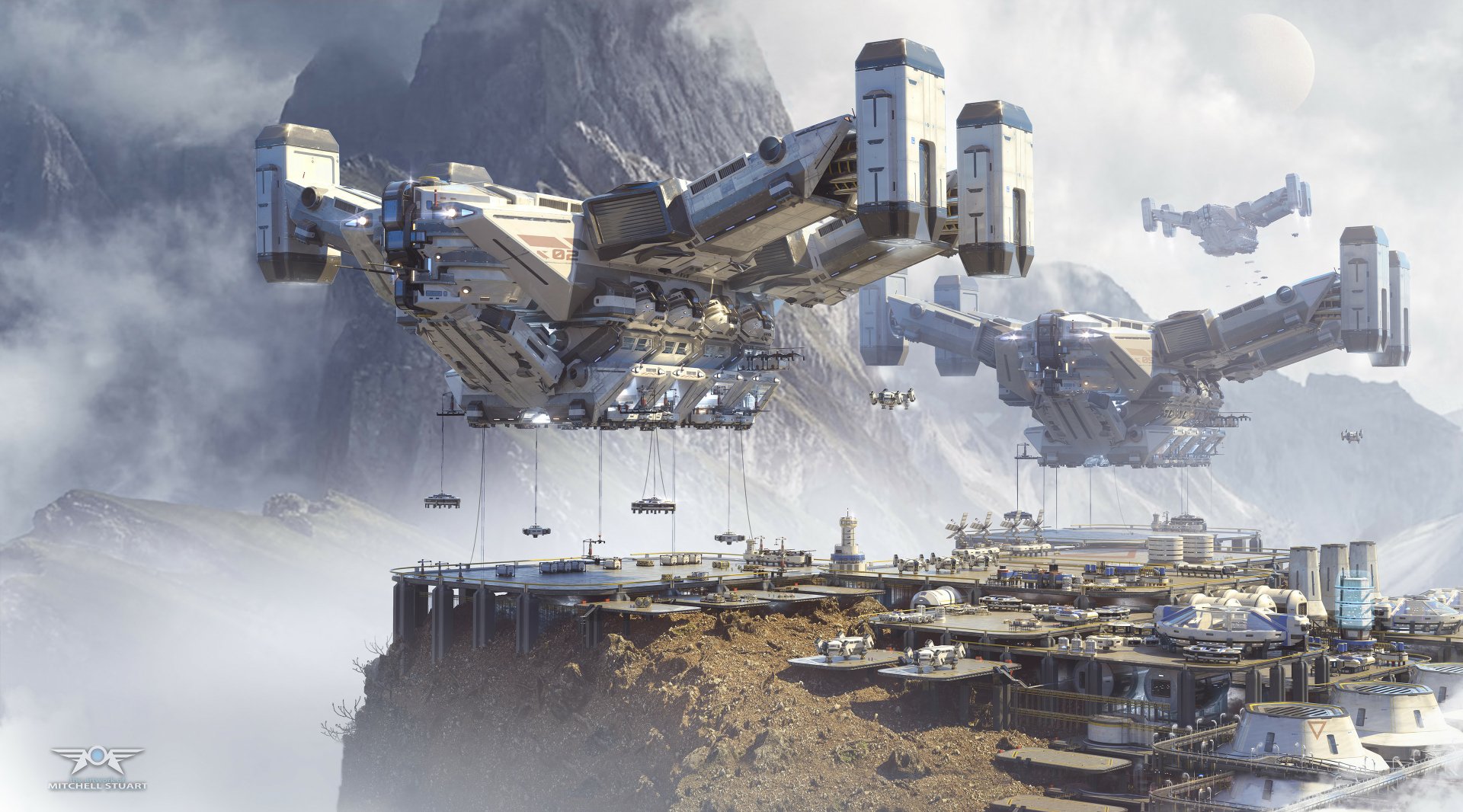 Futuristic sci-fi scene featuring massive hovering spacecraft over a cliffside settlement, captured in HD quality for a striking PC desktop wallpaper.