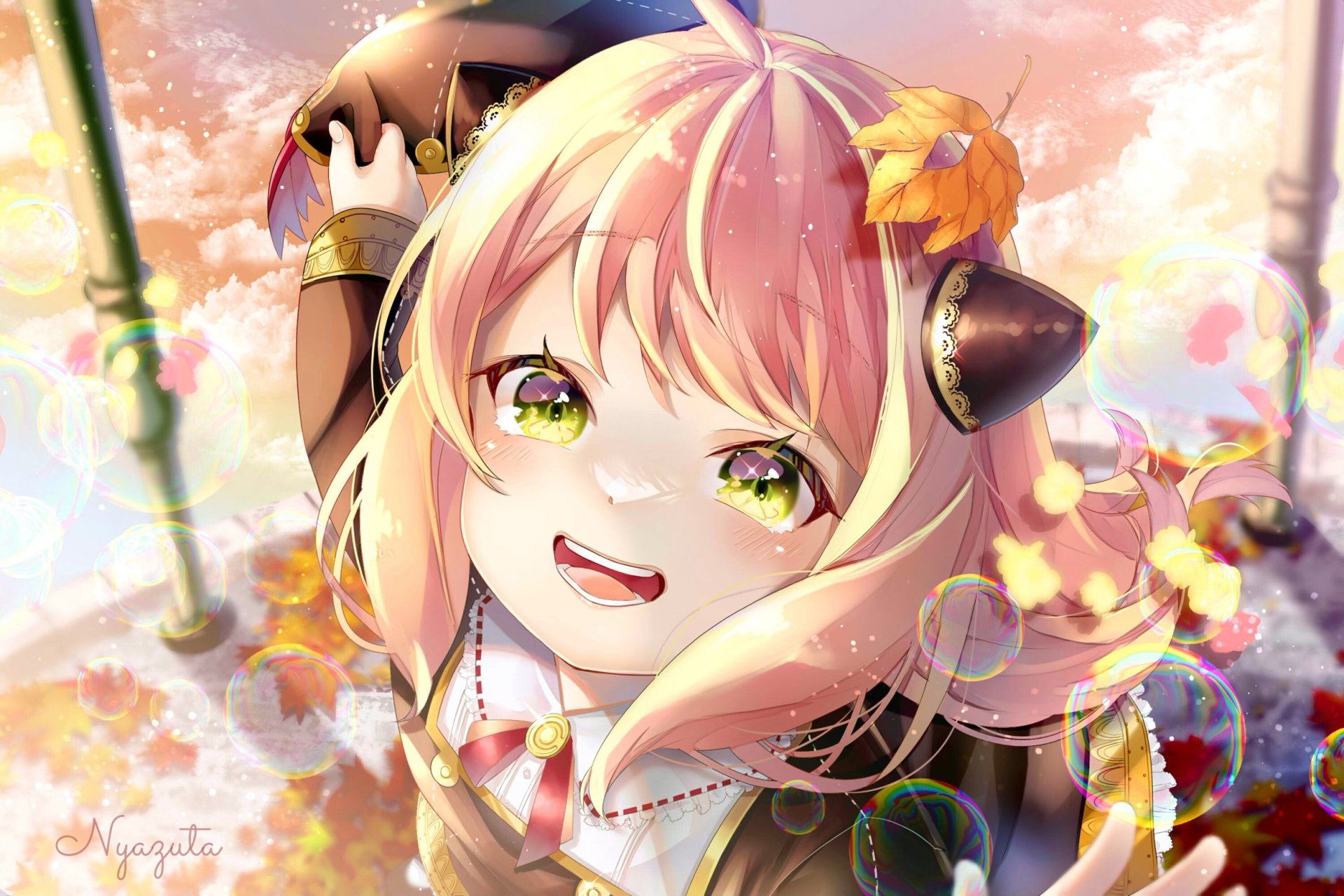 Anya Forger from Spy x Family in a vibrant anime style, featured in an HD PC desktop wallpaper with autumn leaves and glowing bubbles.