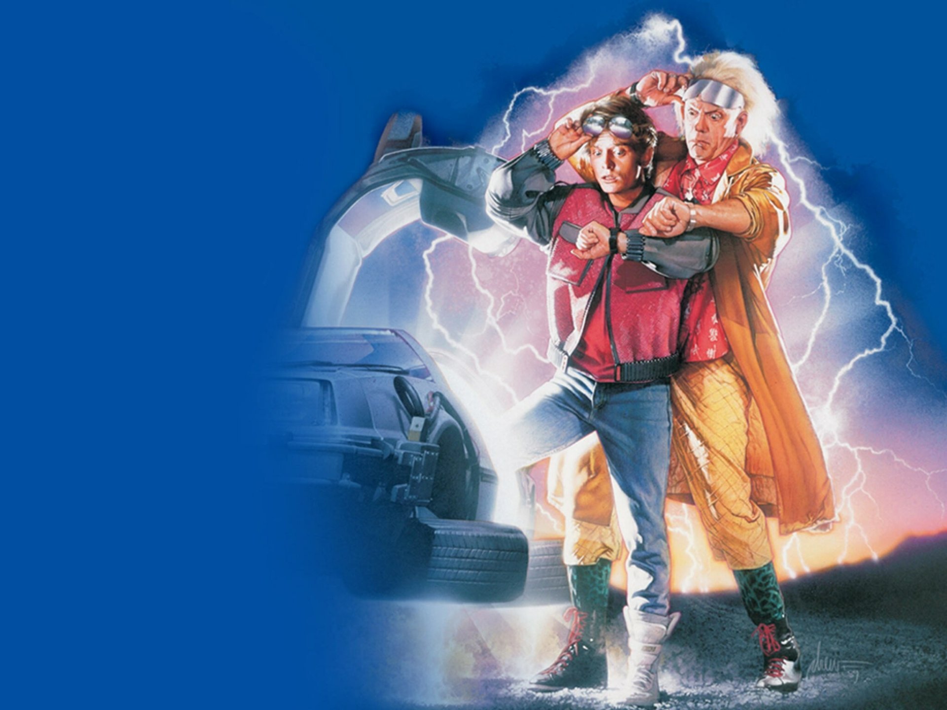 HD PC desktop wallpaper of Back to the Future Part II: Marty McFly and Doc Brown beside the glowing DeLorean and lightning time portal on a vivid blue background.