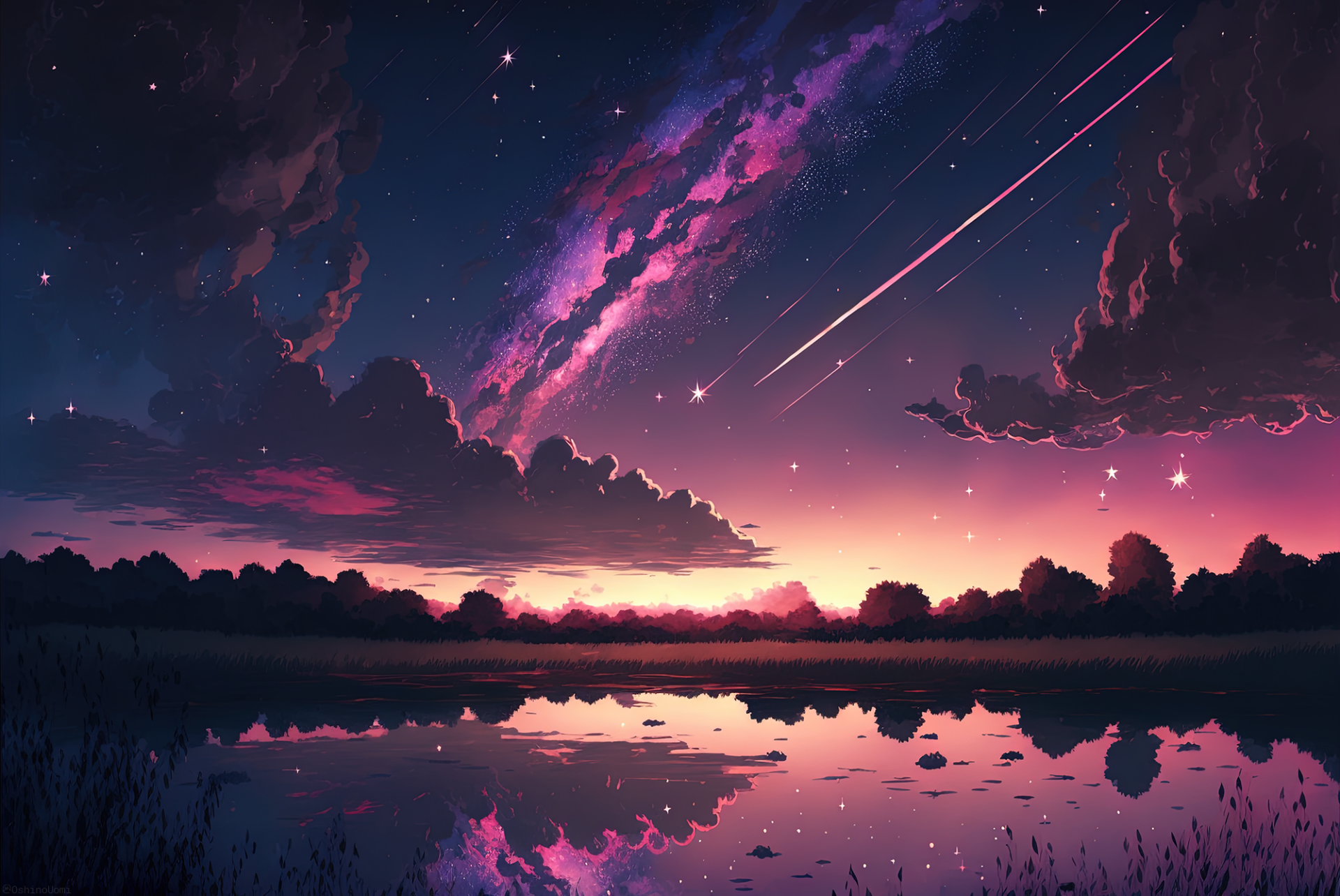 Anime-style HD desktop wallpaper featuring a vibrant sunset sky blending into a starry night with shooting stars reflected on a calm water surface.