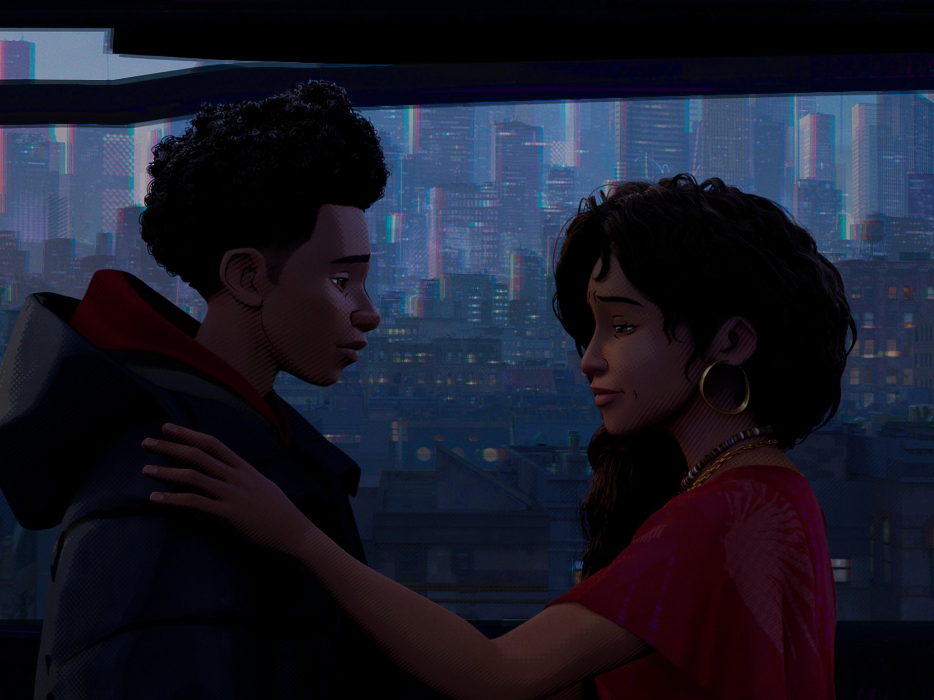 HD PC wallpaper featuring Miles Morales and a woman sharing a moment from the movie Spider-Man: Across the Spider-Verse, set against a cityscape at night.