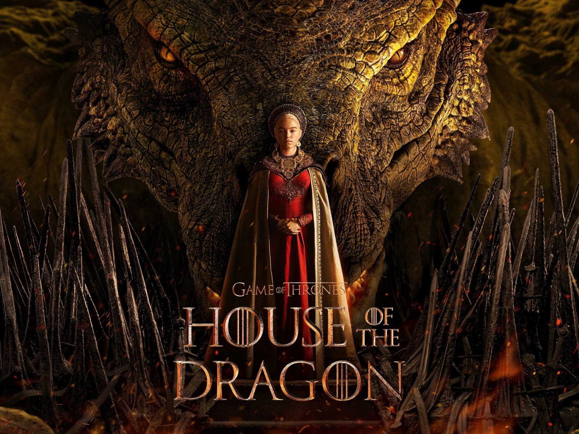 HD PC desktop wallpaper featuring a character standing before a dragon from the TV show House of the Dragon, showcasing intense fantasy and medieval themes.
