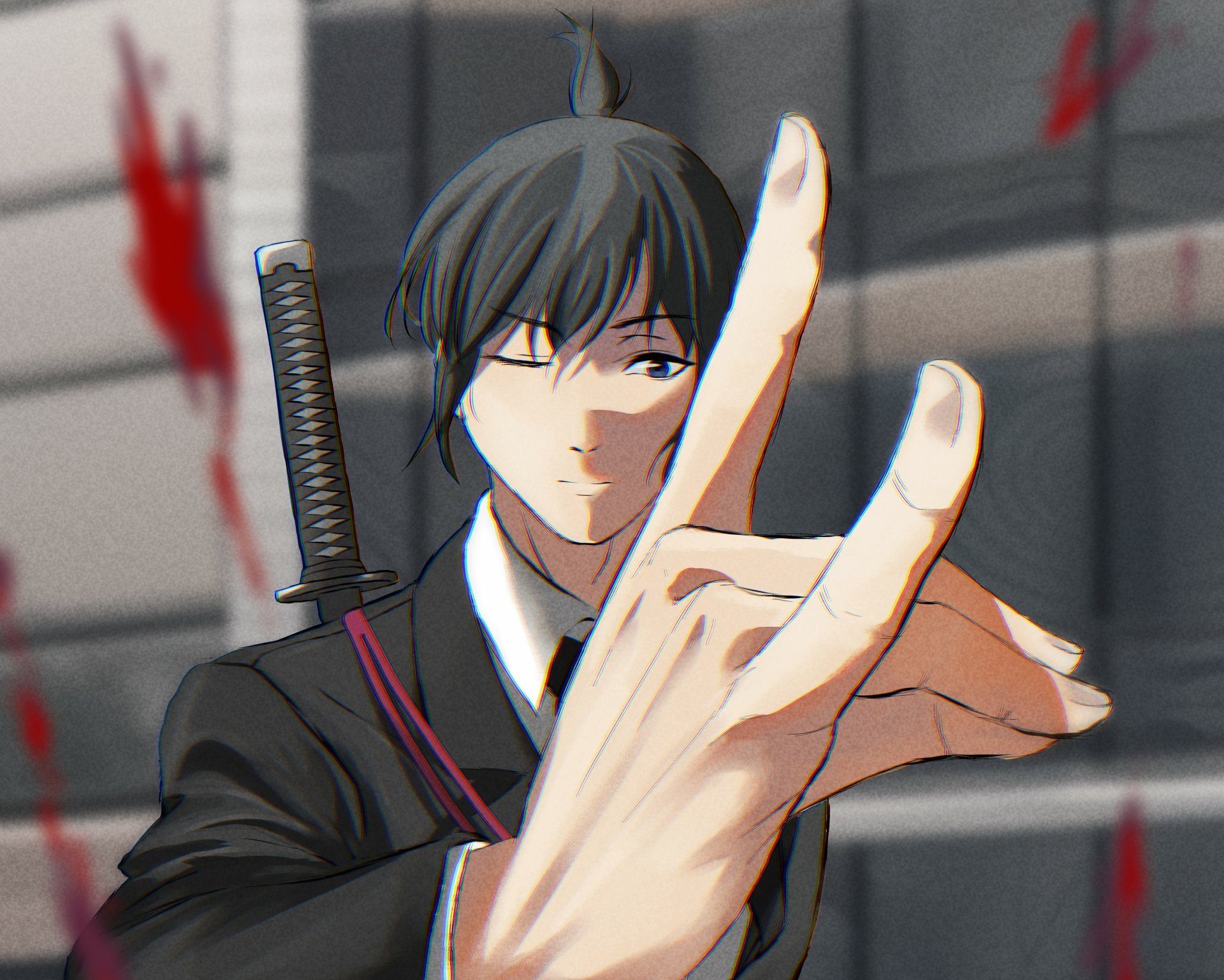 Aki Hayakawa from Chainsaw Man in 4K Ultra HD PC desktop wallpaper: stern, suit-clad figure with katana on his back, hand extended toward viewer amid a blood-splattered background.