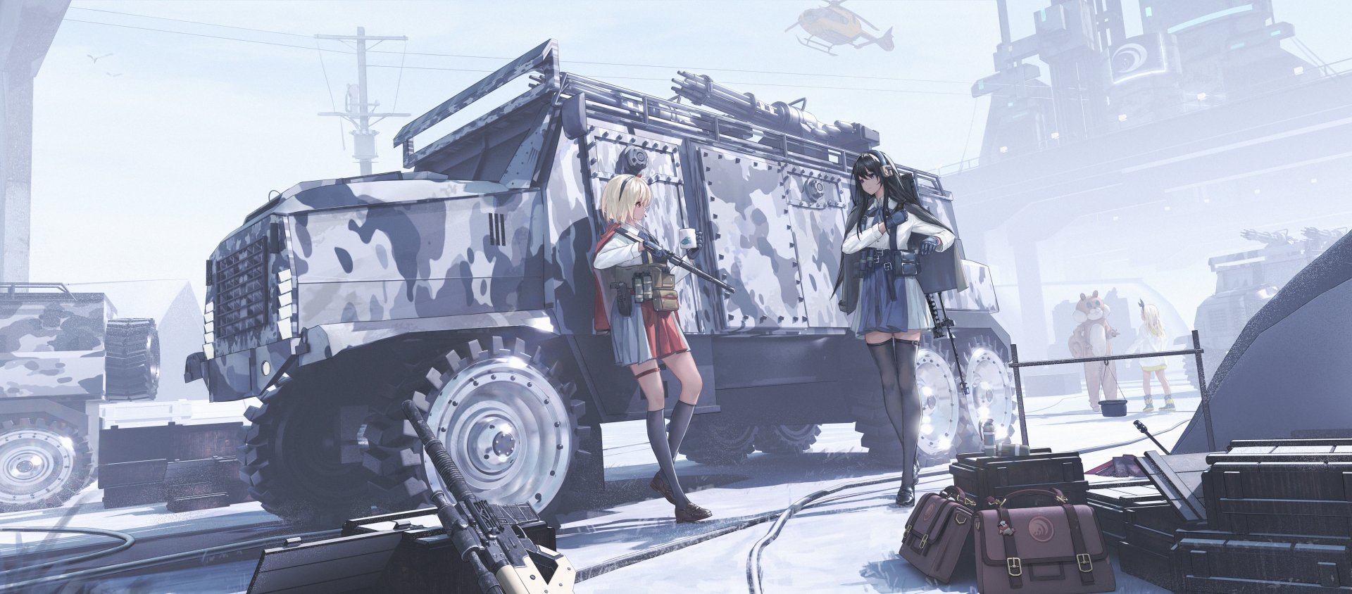 Takina Inoue and Chisato Nishikigi from Lycoris Recoil stand near a camouflaged military vehicle in a snowy anime scene, rendered in 4K Ultra HD for PC desktop background.