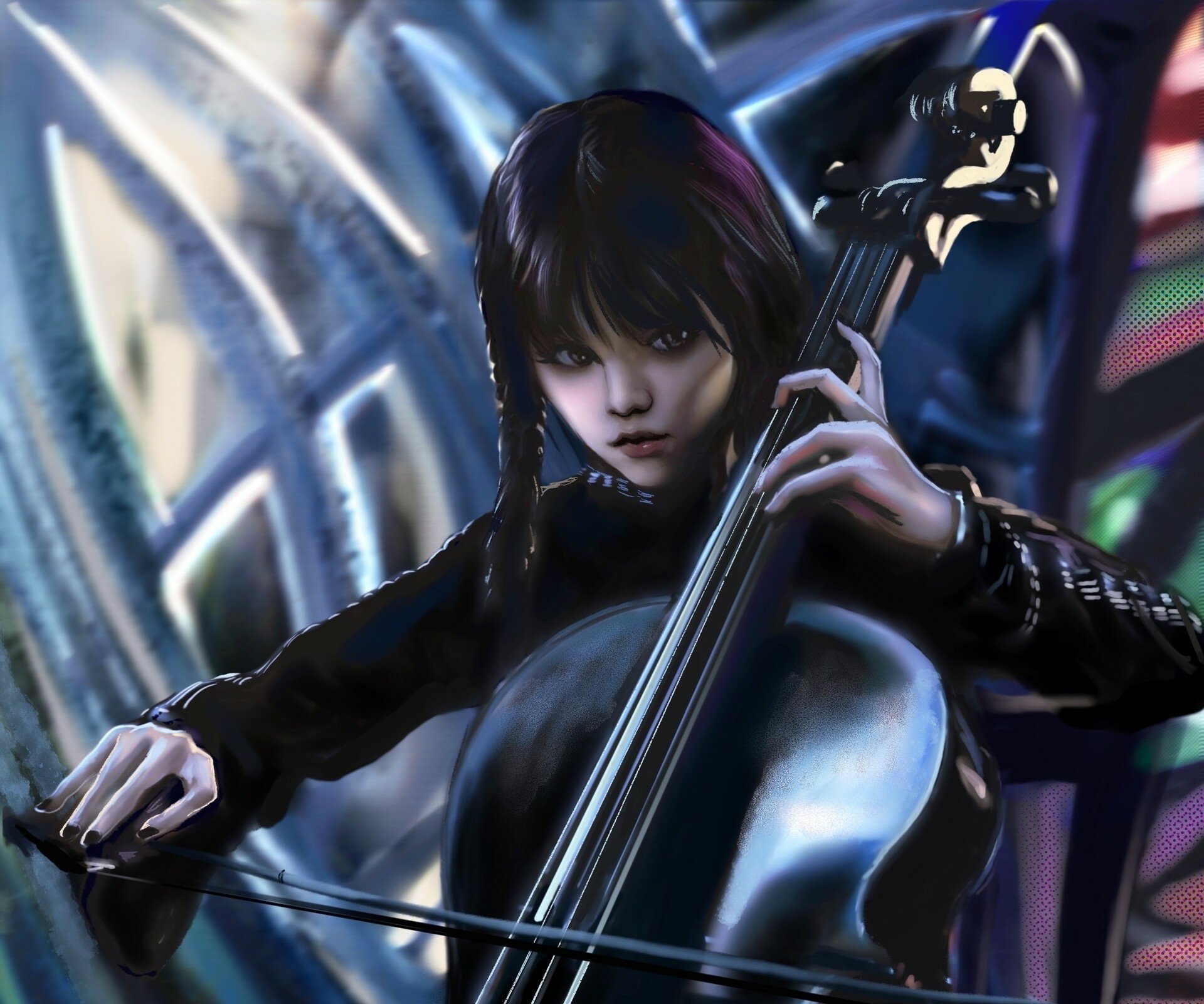 HD PC desktop wallpaper of Wednesday Addams (TV show Wednesday), playing cello in a moody Gothic setting, braided hair and dark outfit.