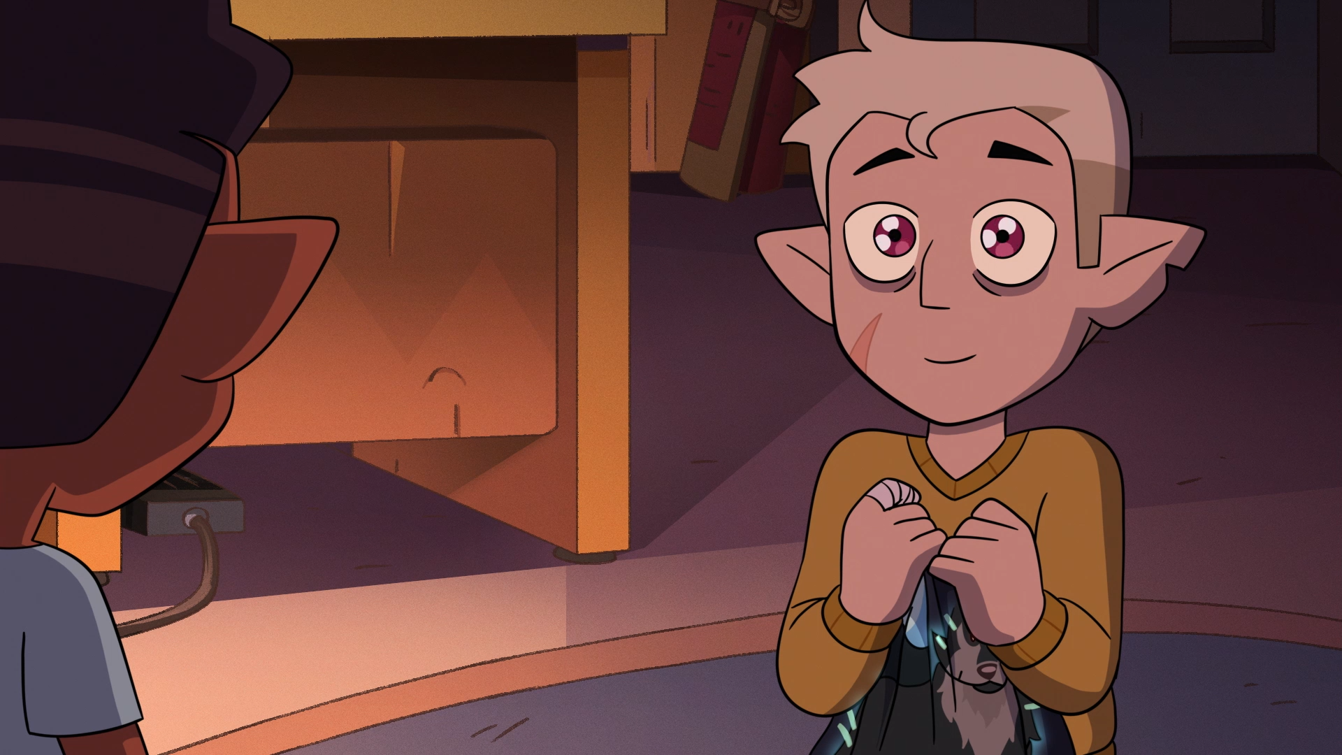 HD PC desktop wallpaper featuring Hunter from The Owl House TV show, showcasing his expressive eyes and signature outfit in a warmly lit interior scene.