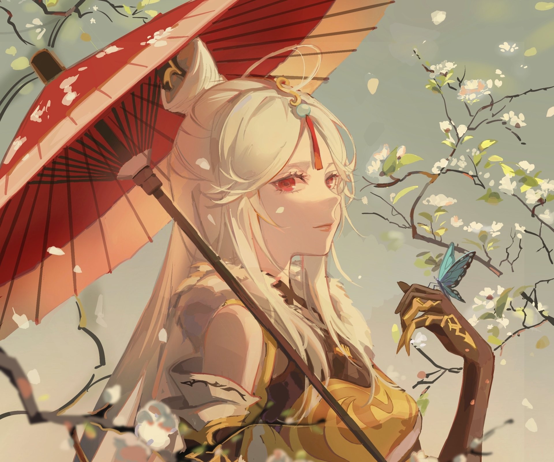 HD PC desktop wallpaper featuring Ningguang from the video game Genshin Impact, holding a red umbrella amid blossoming branches.
