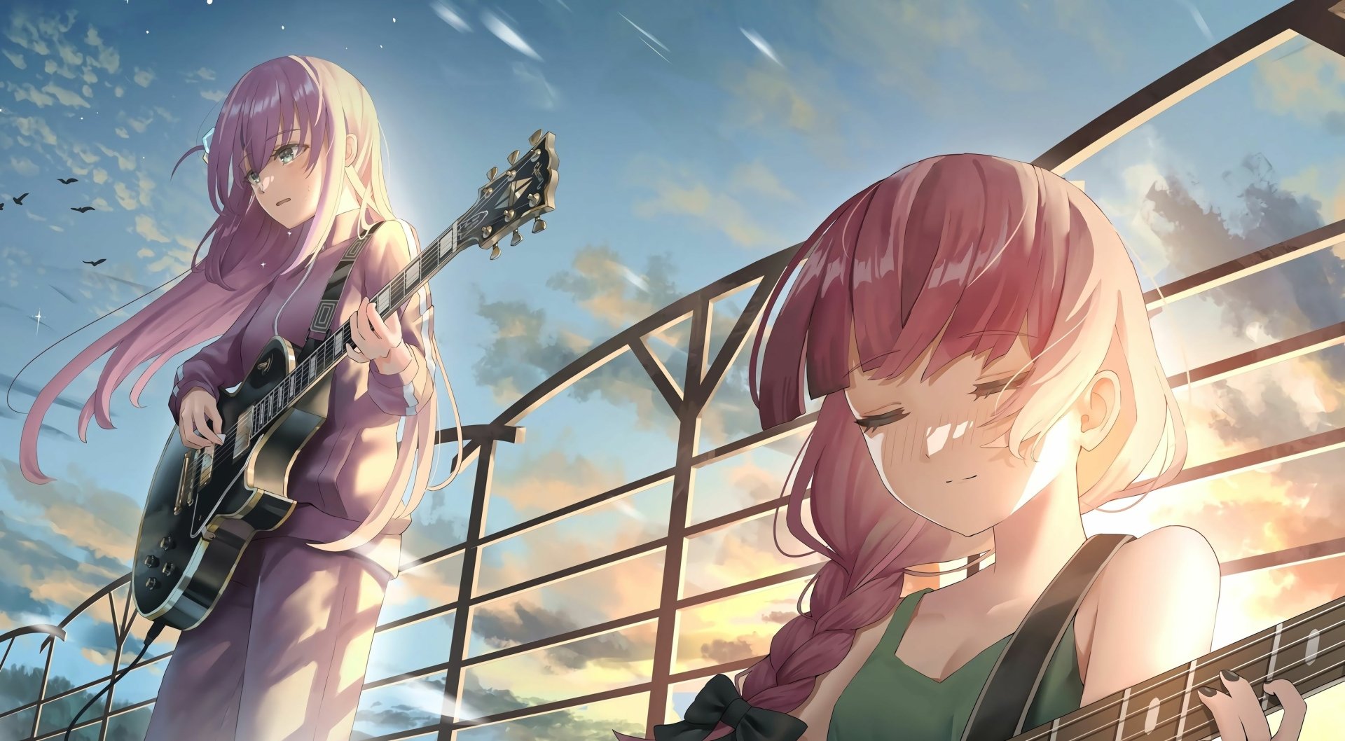 HD PC desktop wallpaper featuring Hitori Gotou and Kikuri Hiroi from the anime Bocchi the Rock!, with a serene sunset sky in the background.