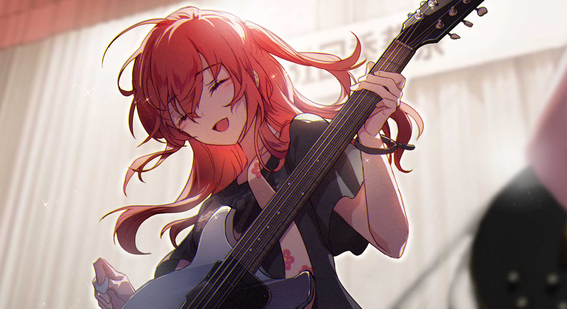 Ikuyo Kita from the anime Bocchi the Rock! smiling with red hair, mid-strum on an electric guitar — vibrant HD PC desktop wallpaper