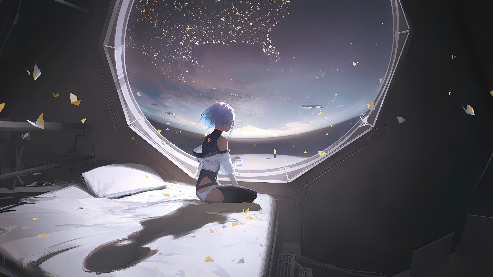 HD desktop wallpaper featuring Lucy from Cyberpunk: Edgerunners sitting on a bed, gazing out into space through a large circular window. The room is illuminated by soft, ambient light.