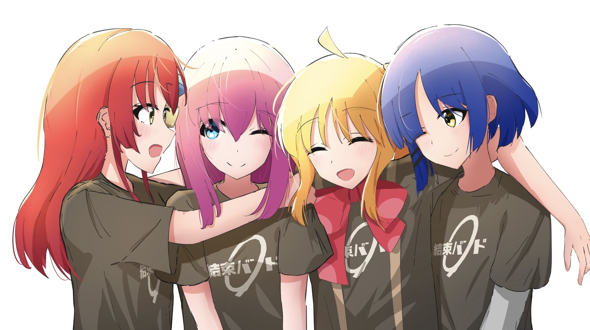 Anime characters Ryou Yamada, Nijika Ijichi, Hitori Gotou, and Ikuyo Kita from Bocchi the Rock! pose together in an 8K Ultra HD PC desktop wallpaper.