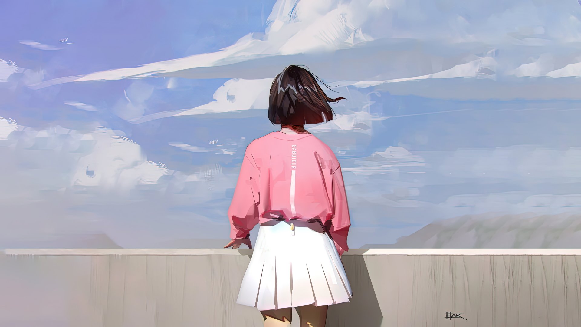 Anime girl with short dark hair wearing a pink jacket and white skirt stands against a railing under a bright blue sky, detailed in 8K Ultra HD for PC desktop wallpaper.