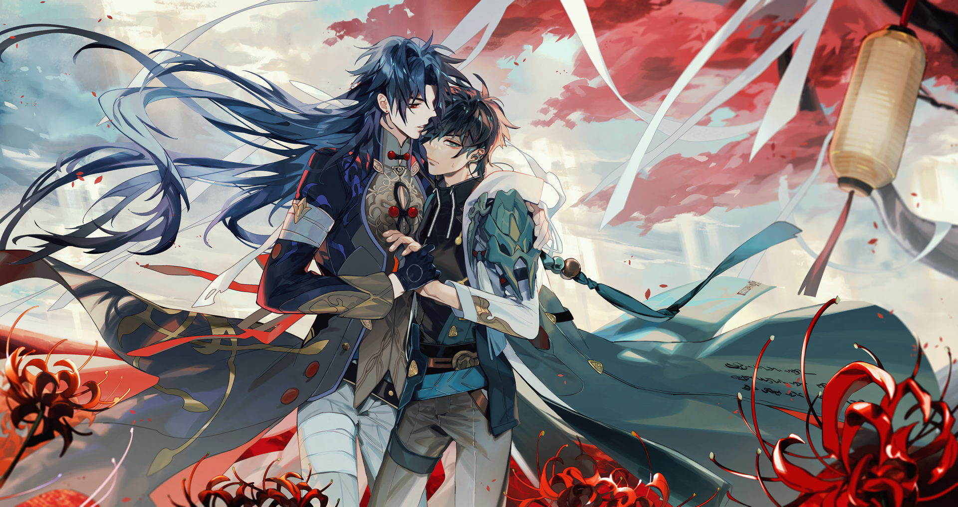 HD PC desktop wallpaper featuring Blade and Dan Heng from the video game Honkai: Star Rail in a dynamic, stylized scene with flowing robes and red floral accents.