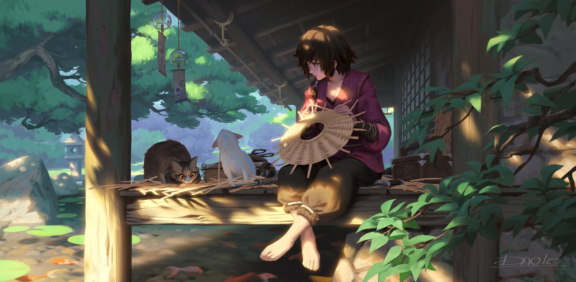 HD fantasy PC desktop wallpaper featuring a woman holding a parasol, sitting on a wooden porch with a cat and small white creature in a serene, sunlit garden setting.