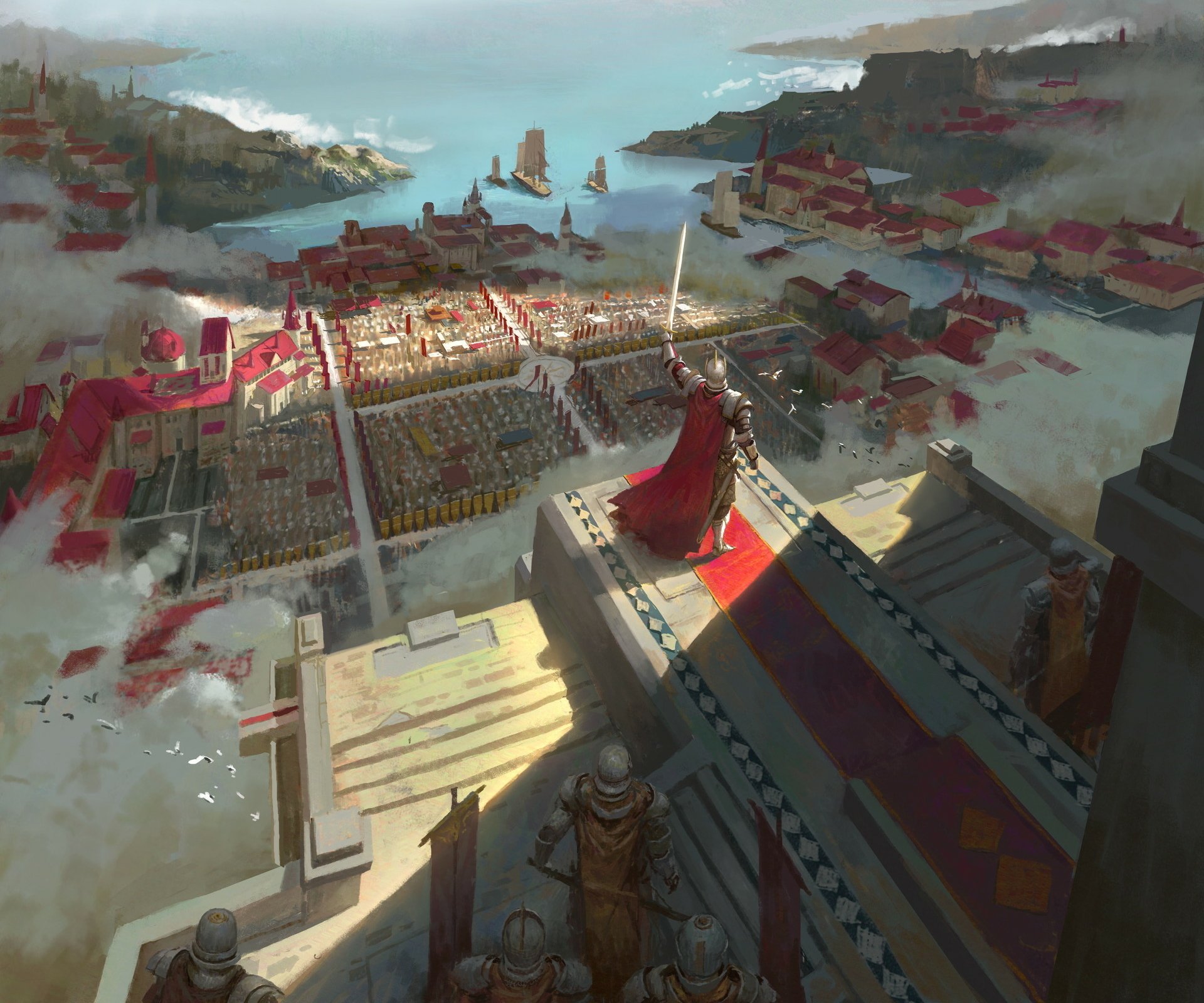 Fantasy HD PC desktop wallpaper depicting a knight in red armor standing on a castle balcony, overlooking a vast medieval city by the sea.