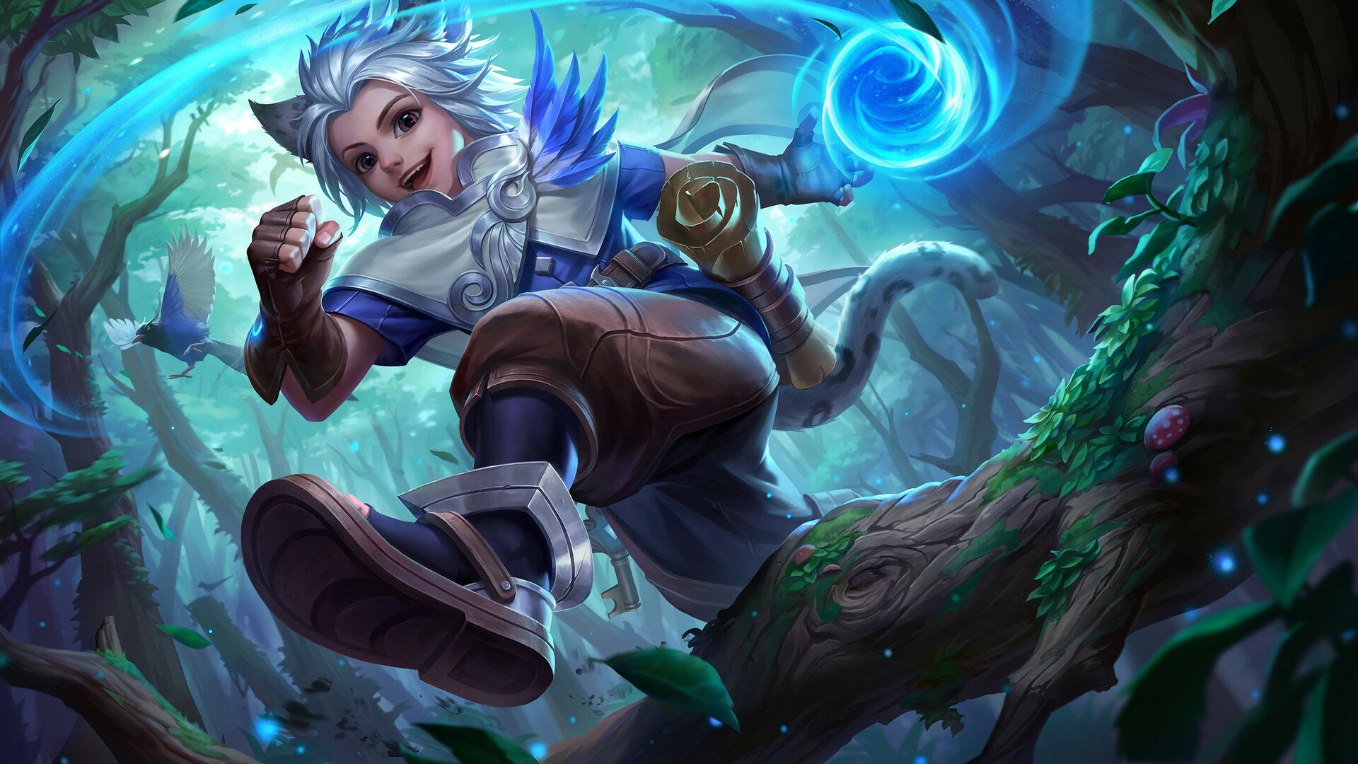 HD PC desktop wallpaper of a Mobile Legends: Bang Bang hero leaping through a glowing forest, blue arcane energy swirling from a staff, dynamic action pose and vibrant fantasy colors.